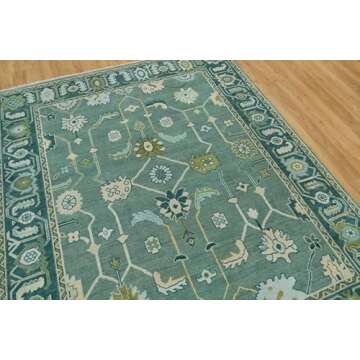 CSILLA HOUSE Handknotted Turkish Oushak Rug - 9X12 ft - Premium Handmade Oriental Full Green Carpet, Authentic Decorative Floral Woolen Turkish Oushak for Bedroom, Dining Room, Luxury Home Decor