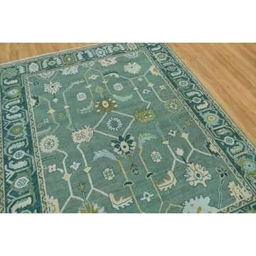 CSILLA HOUSE Handknotted Turkish Oushak Rug - 9X12 ft - Premium Handmade Oriental Full Green Carpet, Authentic Decorative Floral Woolen Turkish Oushak for Bedroom, Dining Room, Luxury Home Decor