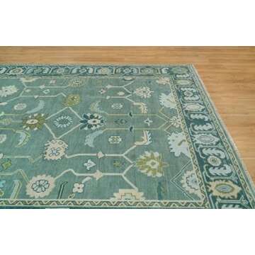 CSILLA HOUSE Handknotted Turkish Oushak Rug - 9X12 ft - Premium Handmade Oriental Full Green Carpet, Authentic Decorative Floral Woolen Turkish Oushak for Bedroom, Dining Room, Luxury Home Decor