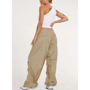 ONIRIKE Womens Parachute Pants Drawstring Elastic Low Waist Sweatpants Loose Baggy Y2K Cargo Pants Trousers with Pockets