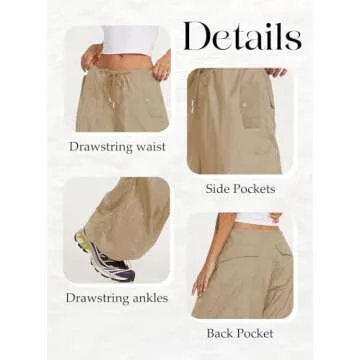 ONIRIKE Womens Parachute Pants Drawstring Elastic Low Waist Sweatpants Loose Baggy Y2K Cargo Pants Trousers with Pockets