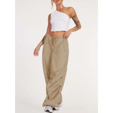 ONIRIKE Womens Parachute Pants Drawstring Elastic Low Waist Sweatpants Loose Baggy Y2K Cargo Pants Trousers with Pockets