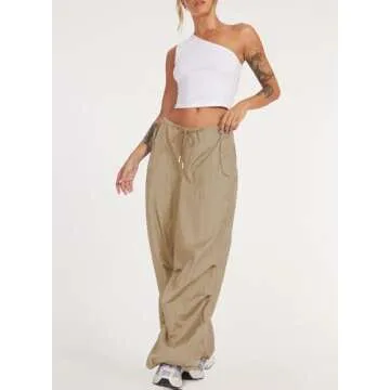 ONIRIKE Womens Parachute Pants Drawstring Elastic Low Waist Sweatpants Loose Baggy Y2K Cargo Pants Trousers with Pockets