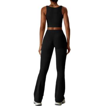 REORIA Women's Casual Outfits Stretchy Square Neck Workout Tank Top Flare Pants Leggings Athleisure 2 Piece Workout Sets Matching Sets-Black Large