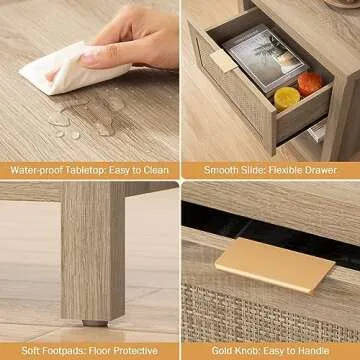 SICOTAS Rattan Night Stands, Farmhouse Nightstand Boho End Table Side Table Bedside Table with Drawer and Open Shelf for Bedroom, Light Oak Wood