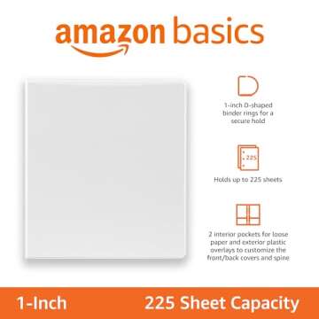 Amazon Basics 3 Ring Binder with Durable 1 Inch D-Ring and Clear Overlay for Storage and Organization, Pack of 4, White