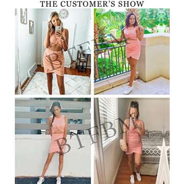 BTFBM Women 2025 Summer Sleeveless Casual Crewneck Bodycon Tank Dress Cutout Twist Slim Wrap Club Party Evening Dresses(Solid Pink, Large)
