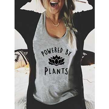hiphop tees Vegan Vegetarian T-Shirts Powered by Plants Women's Funny Tops Tee Healthy Vegan Lifestyle, Grey, Large