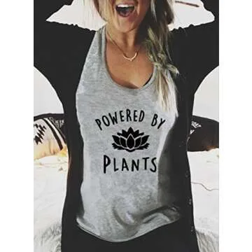 hiphop tees Vegan Vegetarian T-Shirts Powered by Plants Women's Funny Tops Tee Healthy Vegan Lifestyle, Grey, Large