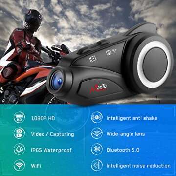 MAXTO Motorcycle Bluetooth Headset with Camera 1080P HD, M3 Upgraded 360°Adjustable Clip, 6 Riders ...
