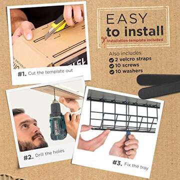 Under Desk Cable Management Tray, Cord Organizer for Desk, Cable Organizer, Wire Organizer, Cord Management, Cable Management Under Desk, Wire Holders for Desk - Black Cable Tray - Set of 2X 17