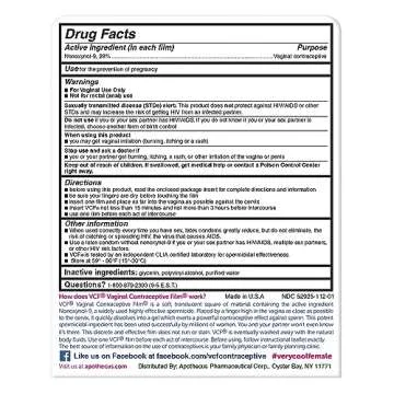 VCF Vaginal Contraceptive Film with Spermicide, 1 Box of 9 Prevents Pregnancy, Nonoxyl-9 Kills Sperm on Contact, Hormone-Free, Easy to Use, Unnoticeable, 9 Total