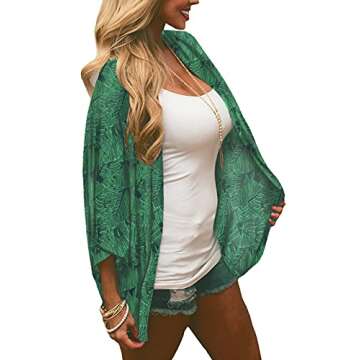 Chunoy Women's Palm Floral Summer Chiffon Kimono Cover Up Short Sleeve Beach Wear Loose Lightweight ...