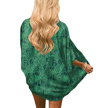 Chunoy Women's Palm Floral Summer Chiffon Kimono Cover Up Short Sleeve Beach Wear Loose Lightweight Cardigan Capes Green X-Large