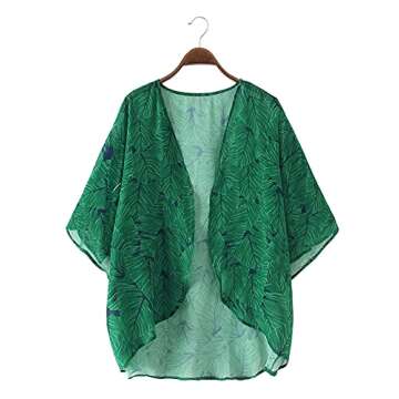 Chunoy Women's Palm Floral Summer Chiffon Kimono Cover Up Short Sleeve Beach Wear Loose Lightweight Cardigan Capes Green X-Large