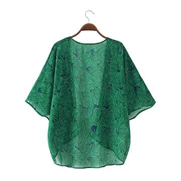 Chunoy Women's Palm Floral Summer Chiffon Kimono Cover Up Short Sleeve Beach Wear Loose Lightweight Cardigan Capes Green X-Large
