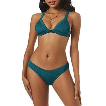 ZAFUL Women's Straps Textured Ribbed Front Closure High Cut Bikini Set Swimsuit (Peacock Blue, M)