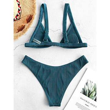ZAFUL Women's Straps Textured Ribbed Front Closure High Cut Bikini Set Swimsuit (Peacock Blue, M)
