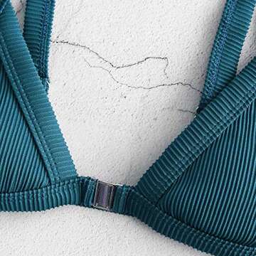 ZAFUL Women's Straps Textured Ribbed Front Closure High Cut Bikini Set Swimsuit (Peacock Blue, M)