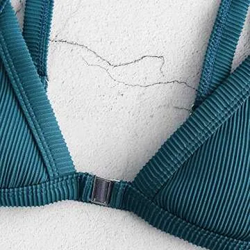 ZAFUL Women's Straps Textured Ribbed Front Closure High Cut Bikini Set Swimsuit (Peacock Blue, M)