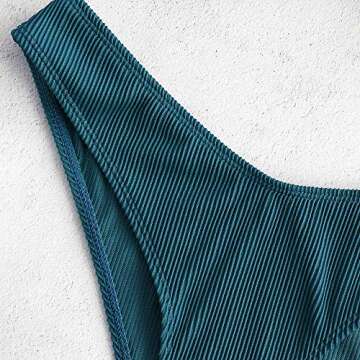 ZAFUL Women's Straps Textured Ribbed Front Closure High Cut Bikini Set Swimsuit (Peacock Blue, M)