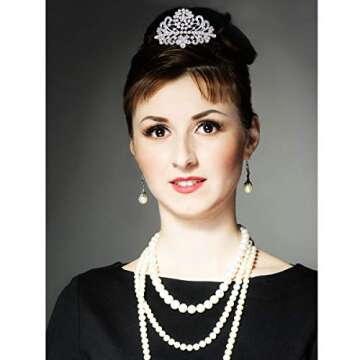 ROFIFY Pearls Crown Comb Tiara Audrey Hepburn Holly Golightly Hair Piece Costume Style Crystal Silver Plated Inspired by Breakfast at T's