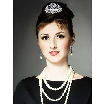 ROFIFY Pearls Crown Comb Tiara Audrey Hepburn Holly Golightly Hair Piece Costume Style Crystal Silver Plated Inspired by Breakfast at T's