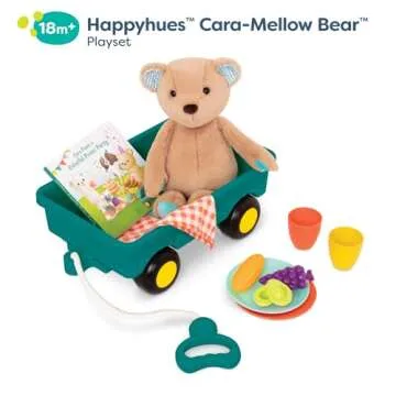 B. Toys- Happyhues - Cara-Mellow Bear Playset- Plush Bear with Picnic Play Set-Board Book – Wagon & Play Food – 18 Months +