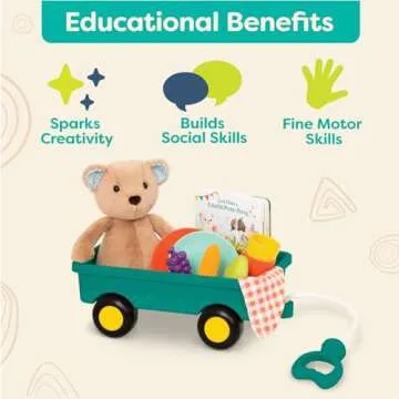 B. Toys- Happyhues - Cara-Mellow Bear Playset- Plush Bear with Picnic Play Set-Board Book – Wagon & Play Food – 18 Months +