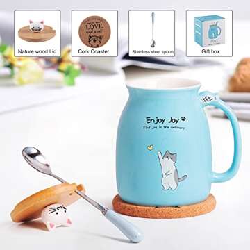 Feify Cute Cat Cup Ceramic Coffee Mug with Kawaii Cat Wooden Lid, Lovely Stainless Steel Spoon, Anim...