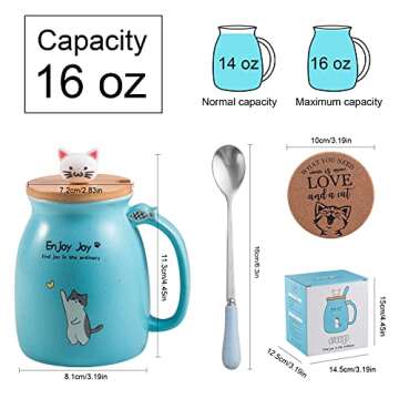Feify Cute Cat Cup Ceramic Coffee Mug with Kawaii Cat Wooden Lid, Lovely Stainless Steel Spoon, Anime Kitty Thicken Wooden Coaster, Christmas Birthday Cute Thing Japanese Mug 16oz (Blue)
