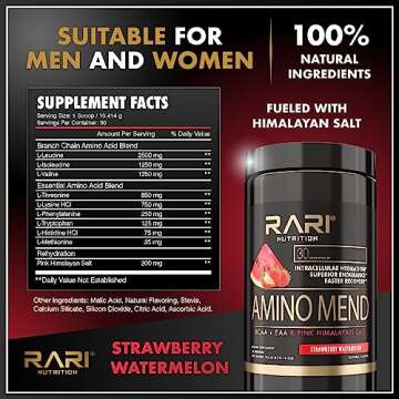 RARI Nutrition Amino Mend Workout Recovery Drink - 5000mg BCAAs & EAAs, Strawberry Watermelon, 30 Se...