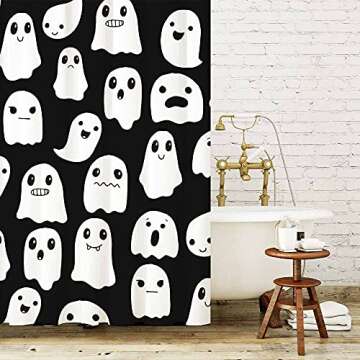 SHENGJUN 72x72 Inches Halloween Ghost Shower Curtain, Spooky Cute Funny Cartoon Ghosts Icons Black a...