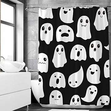 SHENGJUN 72x72 Inches Halloween Ghost Shower Curtain, Spooky Cute Funny Cartoon Ghosts Icons Black and White Fabric Kids Boy Trick or Treat Bathroom Shower Curtain with 12 Hooks