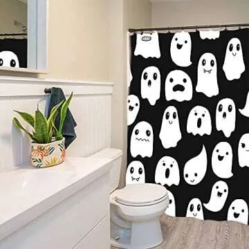 SHENGJUN 72x72 Inches Halloween Ghost Shower Curtain, Spooky Cute Funny Cartoon Ghosts Icons Black and White Fabric Kids Boy Trick or Treat Bathroom Shower Curtain with 12 Hooks