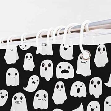 SHENGJUN 72x72 Inches Halloween Ghost Shower Curtain, Spooky Cute Funny Cartoon Ghosts Icons Black and White Fabric Kids Boy Trick or Treat Bathroom Shower Curtain with 12 Hooks