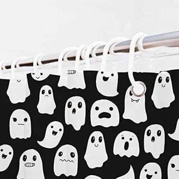 SHENGJUN 72x72 Inches Halloween Ghost Shower Curtain, Spooky Cute Funny Cartoon Ghosts Icons Black and White Fabric Kids Boy Trick or Treat Bathroom Shower Curtain with 12 Hooks