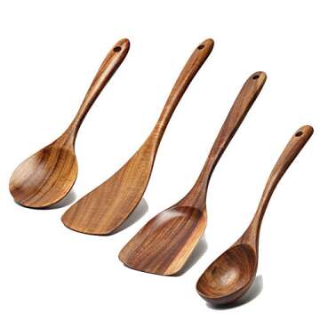 5 Pcs Best Wooden Spoons for Cooking Kitchen Utensils Set Non Stick Spoon Acacia Wood Utensil Cookin...
