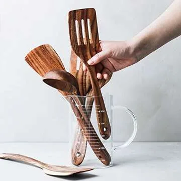 5 Pcs Best Wooden Spoons for Cooking Kitchen Utensils Set Non Stick Spoon Acacia Wood Utensil Cooking Spatula Turner Slotted Spoon Flat Wooden Spatula Set Mixing Cooking Spoons Kitchen Utensils