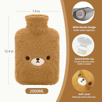 samply Hot Water Bottle with Cute Fleece Cover, 2Liter Water Bag for Hot and Cold Compress, Hand Feet Warmer, Neck and Shoulder Pain Relief, Brown Bear