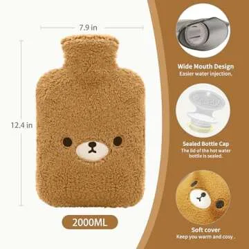 samply Hot Water Bottle with Cute Fleece Cover, 2Liter Water Bag for Hot and Cold Compress, Hand Feet Warmer, Neck and Shoulder Pain Relief, Brown Bear