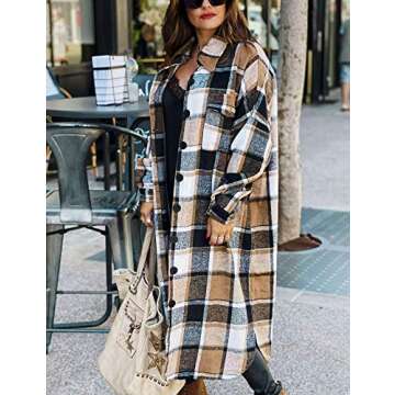 Omoone Women's Lounge Lapel Button Up Long Sleeve Plaid Long Shirt Jacket Shacket(Brown-XL)