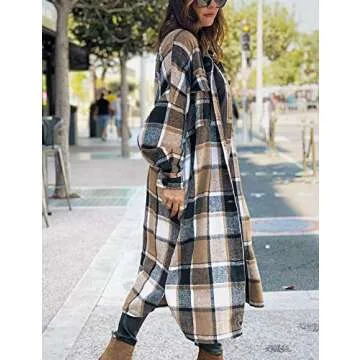 Omoone Women's Lounge Lapel Button Up Long Sleeve Plaid Long Shirt Jacket Shacket(Brown-XL)