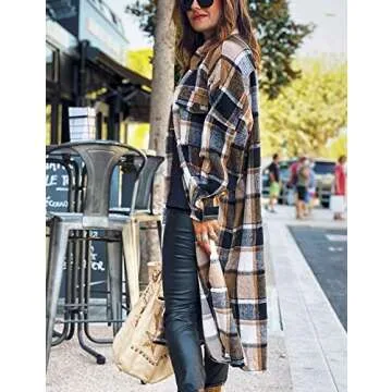 Omoone Women's Lounge Lapel Button Up Long Sleeve Plaid Long Shirt Jacket Shacket(Brown-XL)