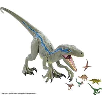 Mattel Jurassic World Super Colossal Dinosaur Action Figure, Large Velociraptor Blue Dino Toy with Eating Feature, 3.5-ft Long