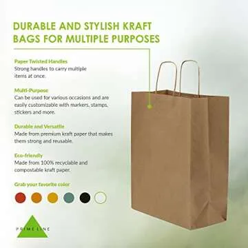 Prime Line Packaging Brown Paper Bags with Handles, Kraft Gift for Small Business, Shopping, Retail ...