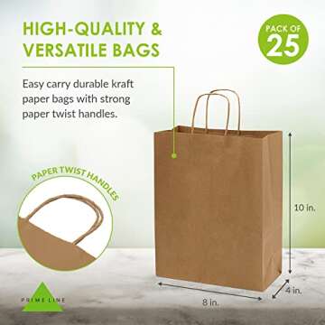 Prime Line Packaging Brown Paper Bags with Handles, Kraft Gift for Small Business, Shopping, Retail Store, Boutique, Christmas, Bulk, 8x4x10, 50 Pack