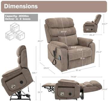 JIKFRIMA Power Lift Recliner Chair for Adults Elderly Lay Flat Velvet Recliners with Massage Heating, Extended Footrest, Wireless Charging Device, USB Ports, Cup Holder, Lumbar Pillow, Up to 400LBS