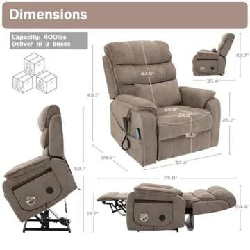 JIKFRIMA Power Lift Recliner Chair for Adults Elderly Lay Flat Velvet Recliners with Massage Heating, Extended Footrest, Wireless Charging Device, USB Ports, Cup Holder, Lumbar Pillow, Up to 400LBS