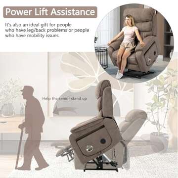 JIKFRIMA Power Lift Recliner Chair for Adults Elderly Lay Flat Velvet Recliners with Massage Heating, Extended Footrest, Wireless Charging Device, USB Ports, Cup Holder, Lumbar Pillow, Up to 400LBS